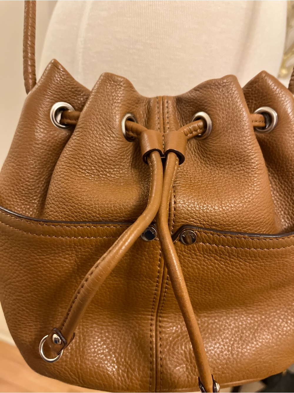 Tignanello Caramel Brown Pebbled Leather Drawstring Crossbody - Picture 1 of 10